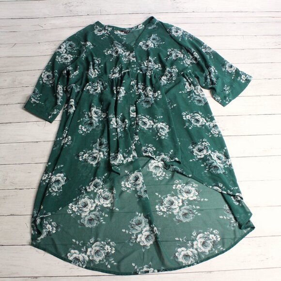 Torrid Women's Sheer Chiffon Tunic Top Plus Size 3X 22 24 Green Floral Duster - Picture 1 of 6